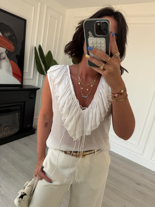 Fırfır Detaylı , Premium Seri , Beyaz , Kolsuz Bluz