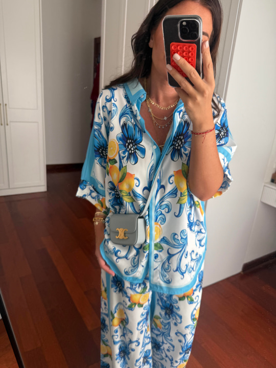 Limon & Mavili Desenli Özel Kumaş Gömlek Palazzo Takım