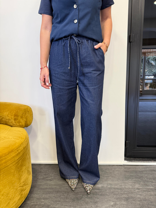 Beli Komple Lastikli , Likralı , Lacivert Jean Pantolon