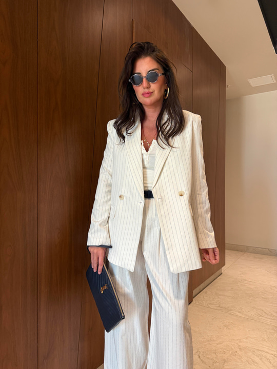 %100 Keten , Lacivert Çizgili , Blazer & Pantolon Takım
