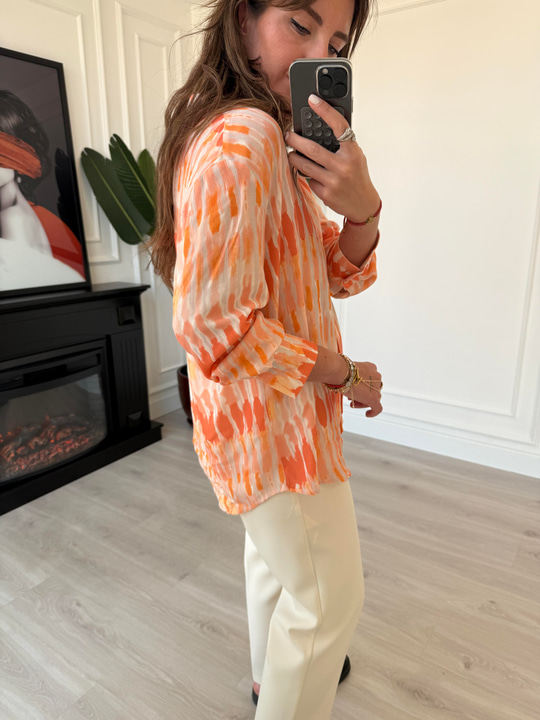 V Yaka , Oranj & Bej , Batik Desenli Gömlek