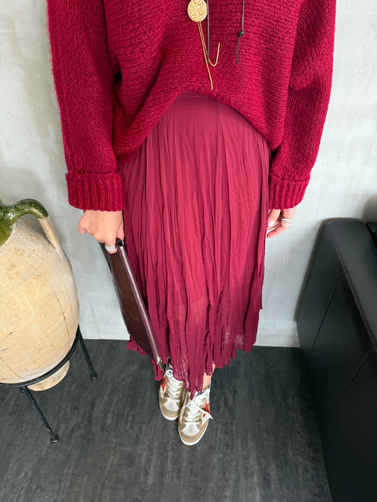 Buruşuk Model , İçi Astarlı , Bordo Midi Etek