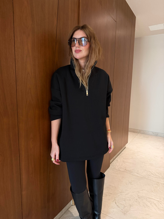 Yarım Fermuarlı , Yumuşacık , Siyah Sweatshirt