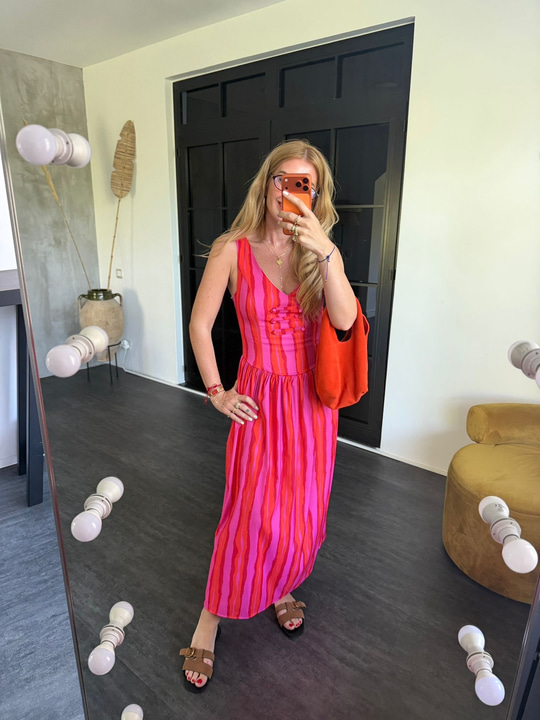 Orijinal Model , Önü Düğmeli , Turuncu & Pembe Çizgili Elbise