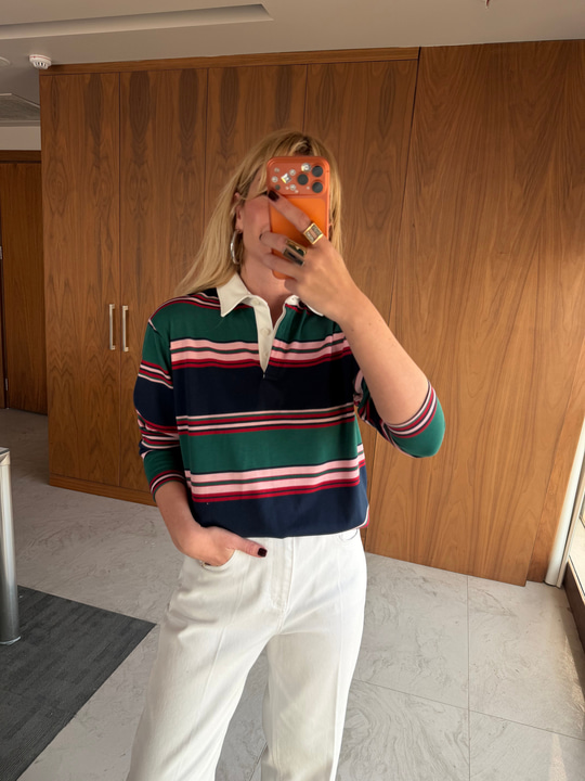 Polo Yaka Çizgili Premium Tiril Sweatshirt
