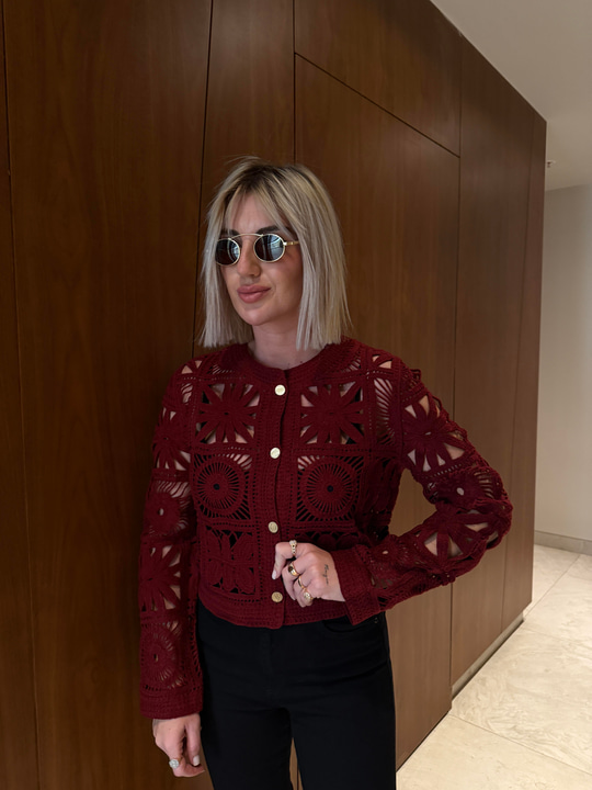 Gold Düğmeli , Bordo , Dantel Ajur Triko