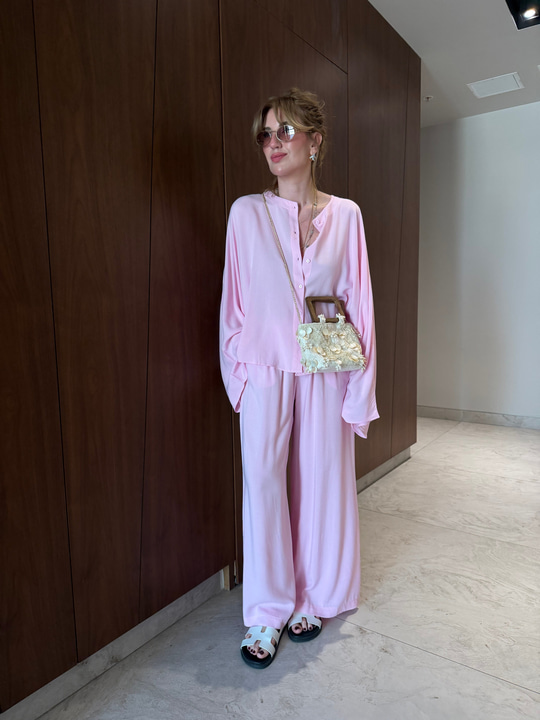 Premium Tencel Kumaş , Lastikli Pantolon & Gömlek , Pembe Takım