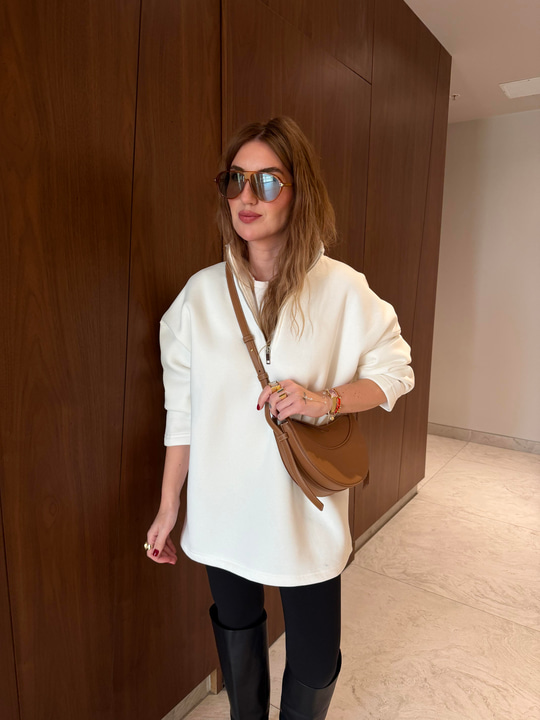 Yarım Fermuarlı , Yumuşacık , Ekru Sweatshirt