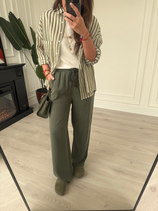 Haki, Beli Lastikli, Gabardin Tencel Premium Palazzo Pantolon