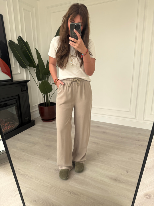 Bej, Beli Lastikli, Gabardin Tencel Premium Palazzo Pantolon
