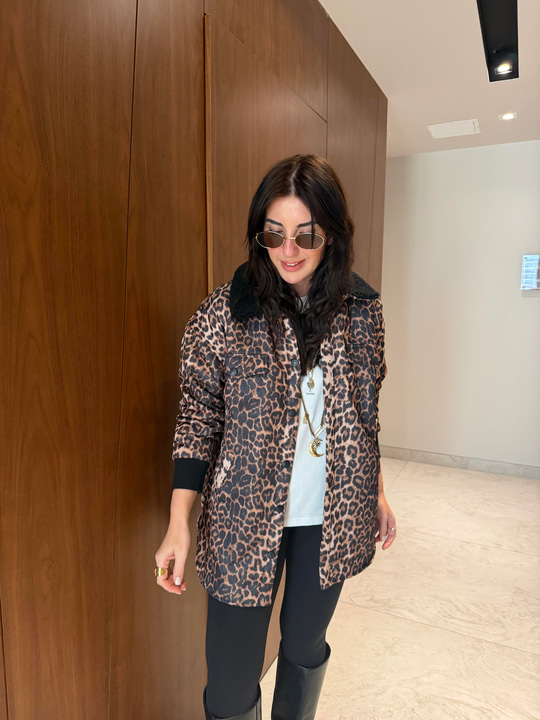 Siyah Peluş Yakalı , Leopar Mont