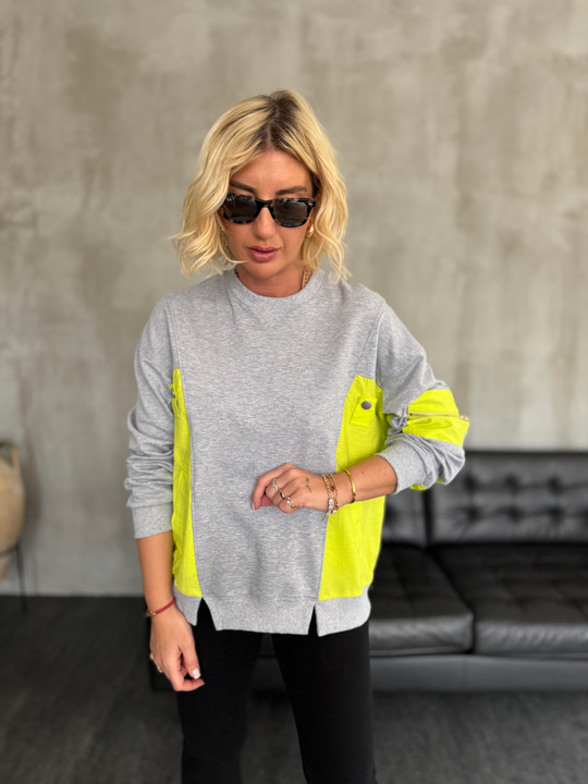 Orijinal Model , Sarı Neon Detaylı , Gri Sweatshirt
