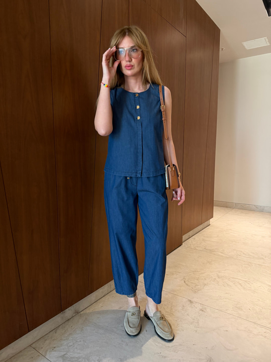 %100 Cotton Tencel , Baggy Pantolon & Yelek Bluz Jean Takım