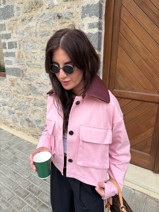 Orijinal Model , Bordo Deri Yakalı, Pembe Ceket