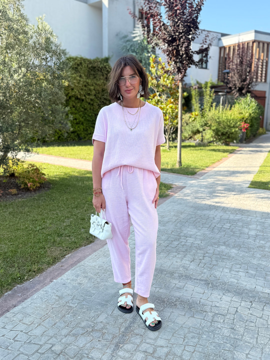 %100 Pamuk Özel Dokulu Toz Pembe Takım