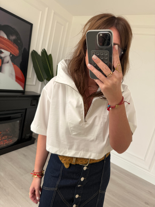 Beyaz Poplin , Yarım Fermuarlı Bluz