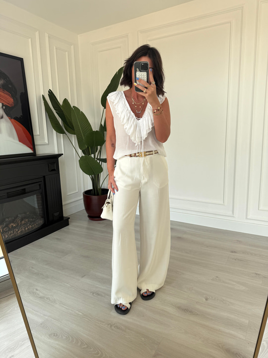 Karol ,Premium Kumaş , Tencel , Ekru Palazzo Pantolon