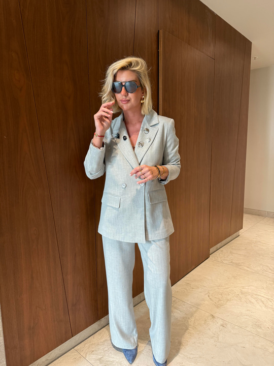 Gri , Çizgili , Metal Broşlu , Premium Blazer Ceket 
