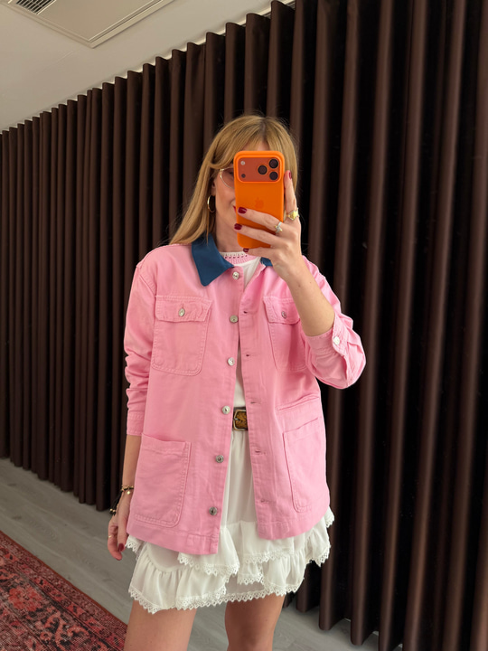 Mavi Yakalı , Pembe , Yumuşacık Tencel Jean Ceket