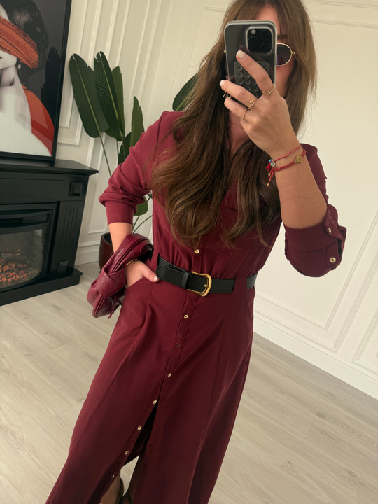 Premium Tok Tencel, Kemerli Bordo Gömlek Elbise