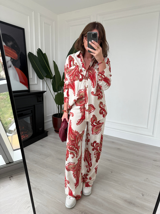 Bordo Desenli , Gömlek & Pantolon , Premium Tiril Takım