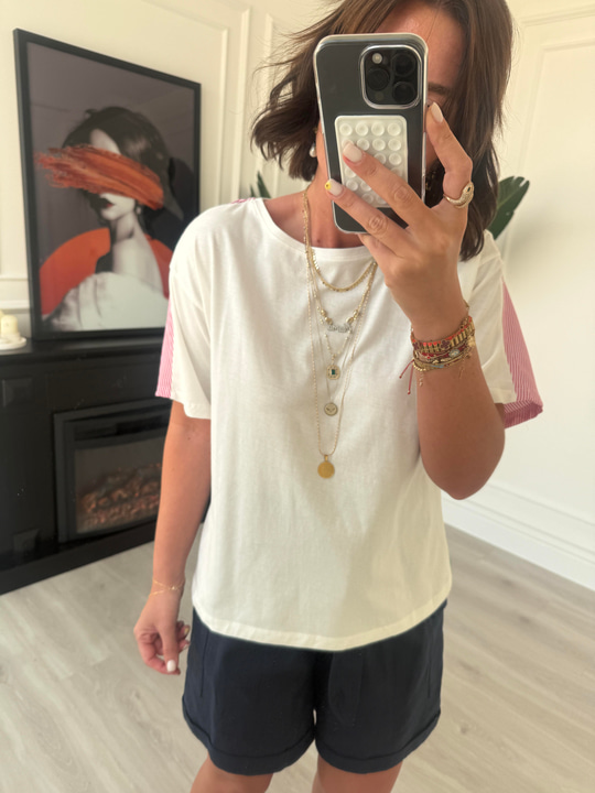 Arkası Kırmızı & Yeşil Poplin Detaylı Beyaz T-Shirt