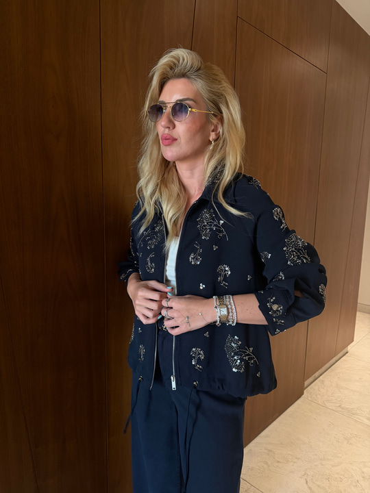 Premium Taş İşlemeli , Lacivert Bomber Ceket