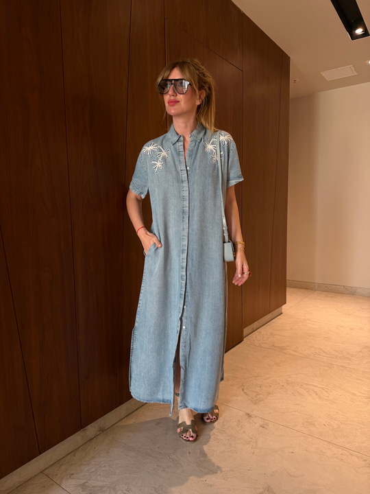 Çiçek Nakışlı , Tencel Jean , Gömlek Elbise