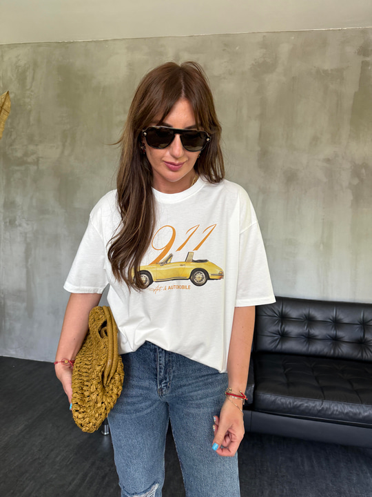 %100 pamuklu , Araba Desenli , Ekru T-shirt 