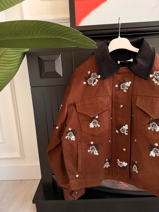 Orijinal Model Taş İşlemeli, Acı Kahve Premium Gabardin Ceket