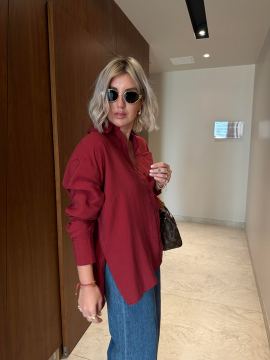 Orijinal Marka , Bordo , Tok Tencel , Yanı Yırtmaçlı Gömlek
