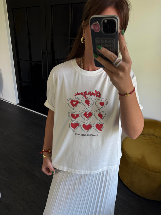 Kalp Desenli , Ekru T-shirt