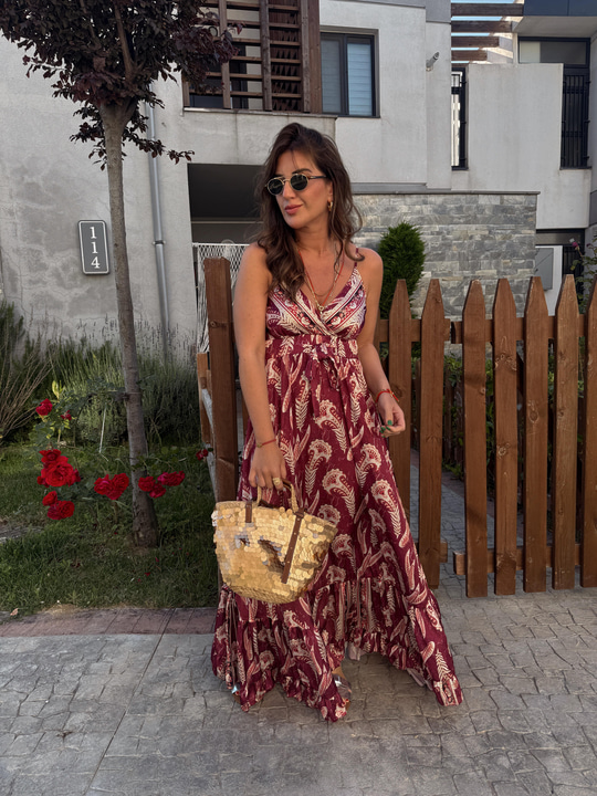 Belden Bağlamalı , Askılı , Bordo Desenli , İthal Elbise