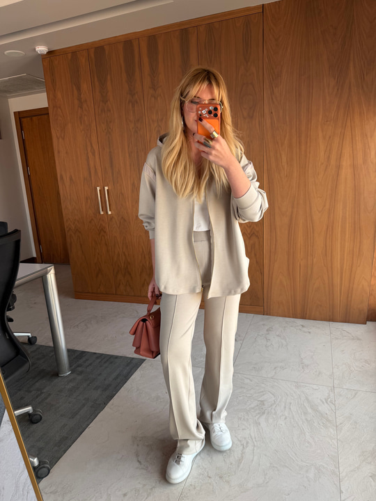Bej Orijinal Model Boncuk Şeritli Premium Modal Elşofman Takımı