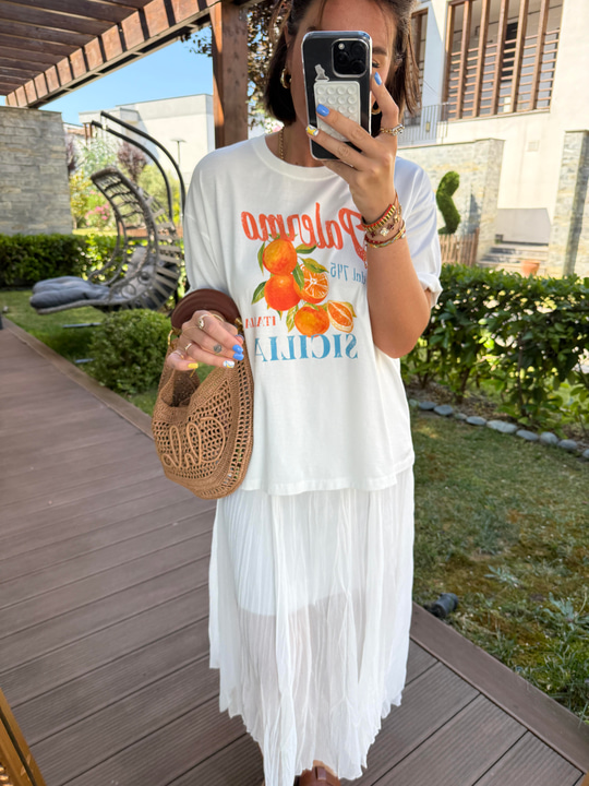 Orange Desenli , %100 Cotton , Ekru T-shirt
