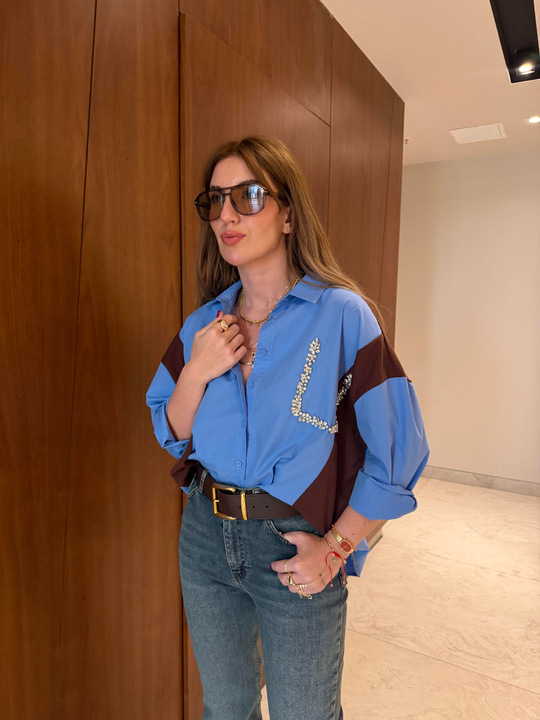 Orijinal Model , Triko Garnili , Taş İşlemeli , Tasarım Mavi Gömlek