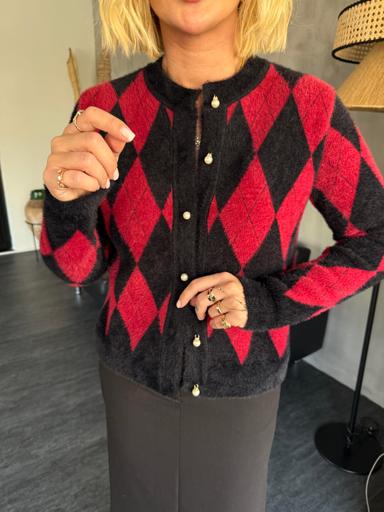Bordo & Siyah Baklava Desenli , İnci Düğmeli , Angora Triko Hırka