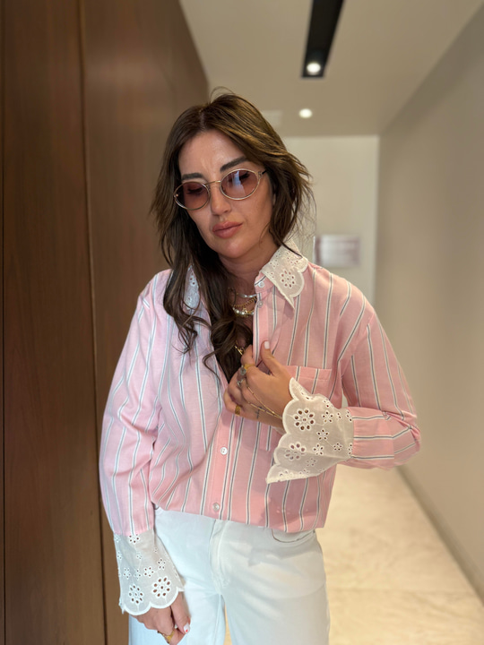 Yaka & Manşet Fistolu , Pembe , Çizgili Gömlek