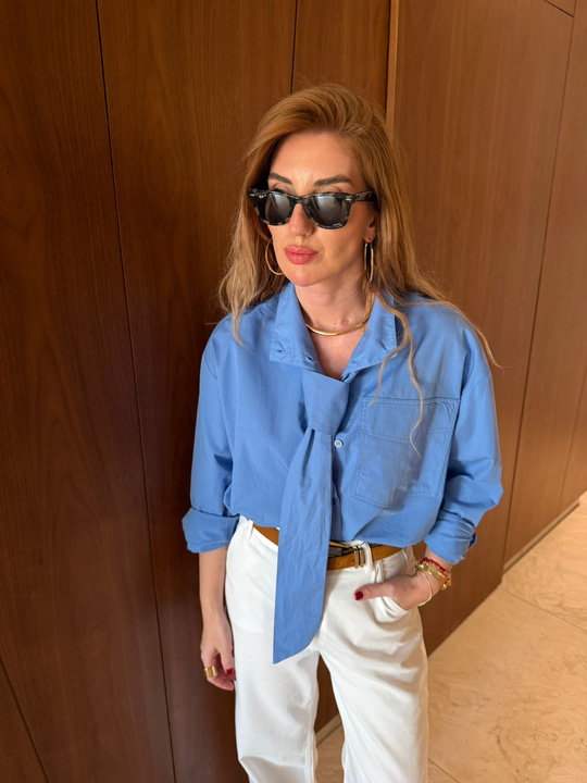 Orijinal Model , Mavi , %100 Koton , Fularlı Poplin Gömlek