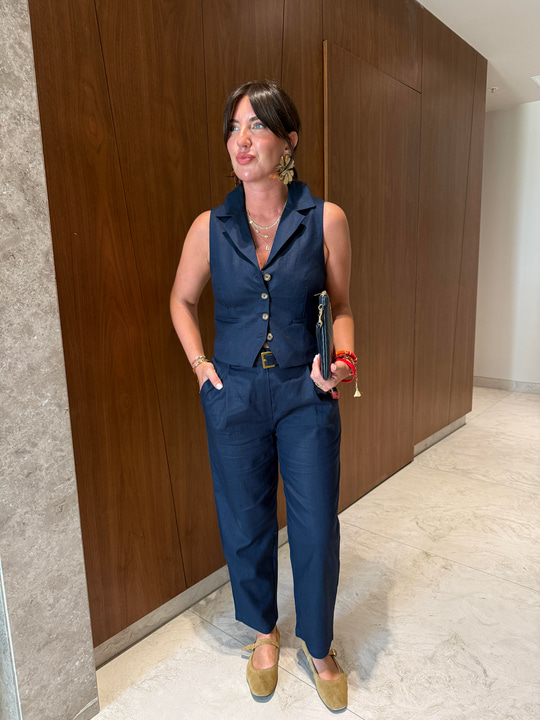 Lacivert , Yakalı , Yelek & Pantolon , Premium Keten Takım
