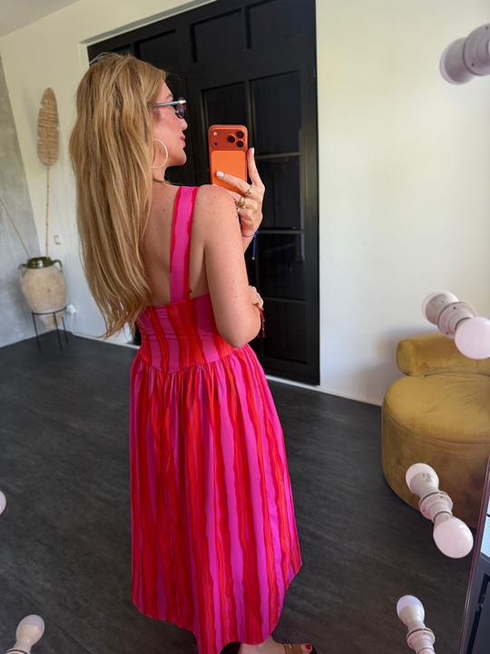 Orijinal Model , Önü Düğmeli , Turuncu & Pembe Çizgili Elbise