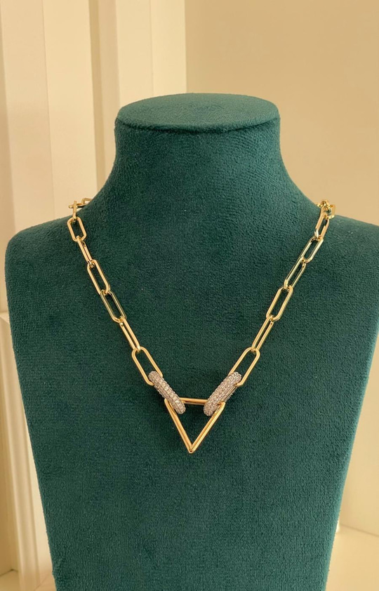 Çift Halka Bağlamalı , Zirkon Taşlı Gold Kolye