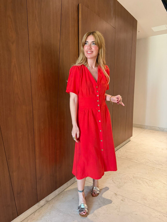 Orijinal Marka , Kırmızı , Önden Düğmeli , Tencel Gömlek Elbise