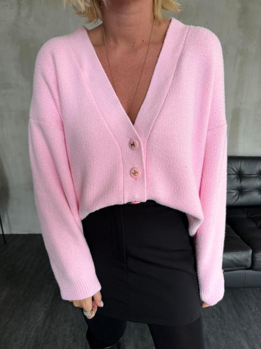 Marka Logo Düğmeli , Pembe , Angora Triko Hırka