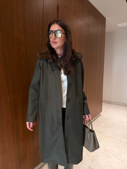 Çıkarılabilir Kürk Yakalı , İçi Ekose Astarlı , Premium Haki Trençkot