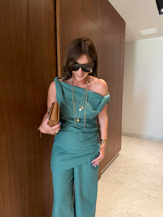 Zümrüt Yeşili , Premium Keten , Çapraz Omuzlu , Pantolon & Bluz Takım