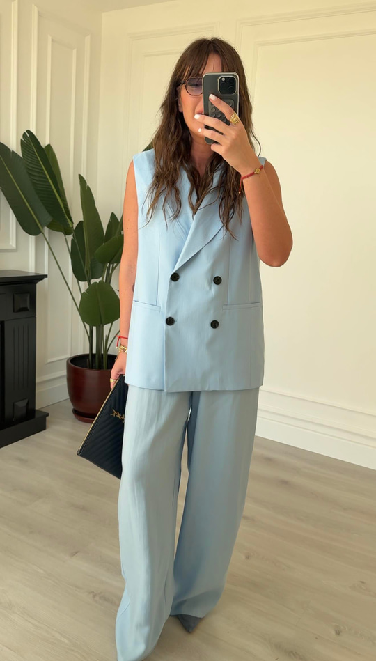 Blazer Yelek & Pantolonlu , Bebe Mavisi Premium Takım