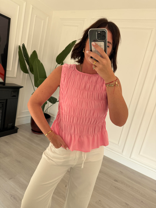 Büzgülü , Tasarım , Pembe Kolsuz Bluz