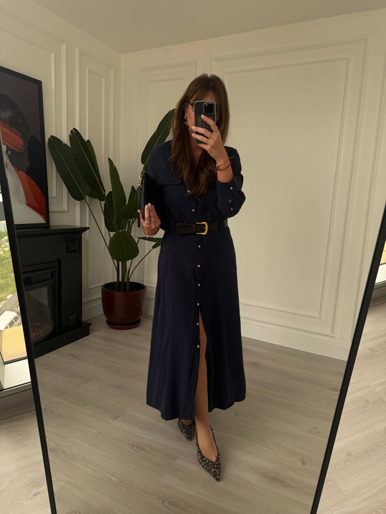 Premium Tok Tencel, Kemerli Lacivert Gömlek Elbise
