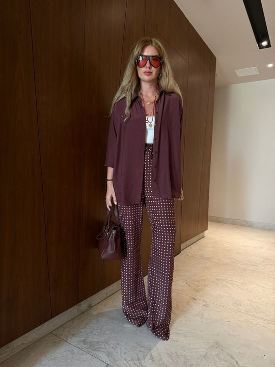 Bordo , Puantiyeli Pantolon & Gömlek , Tencel Takım